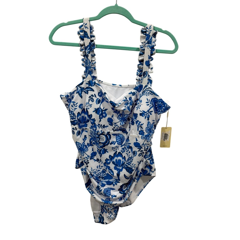 Ekouaer Womens 2XL Floral Toile One Piece Swimsuit Ruffle Strap Blue White NEW